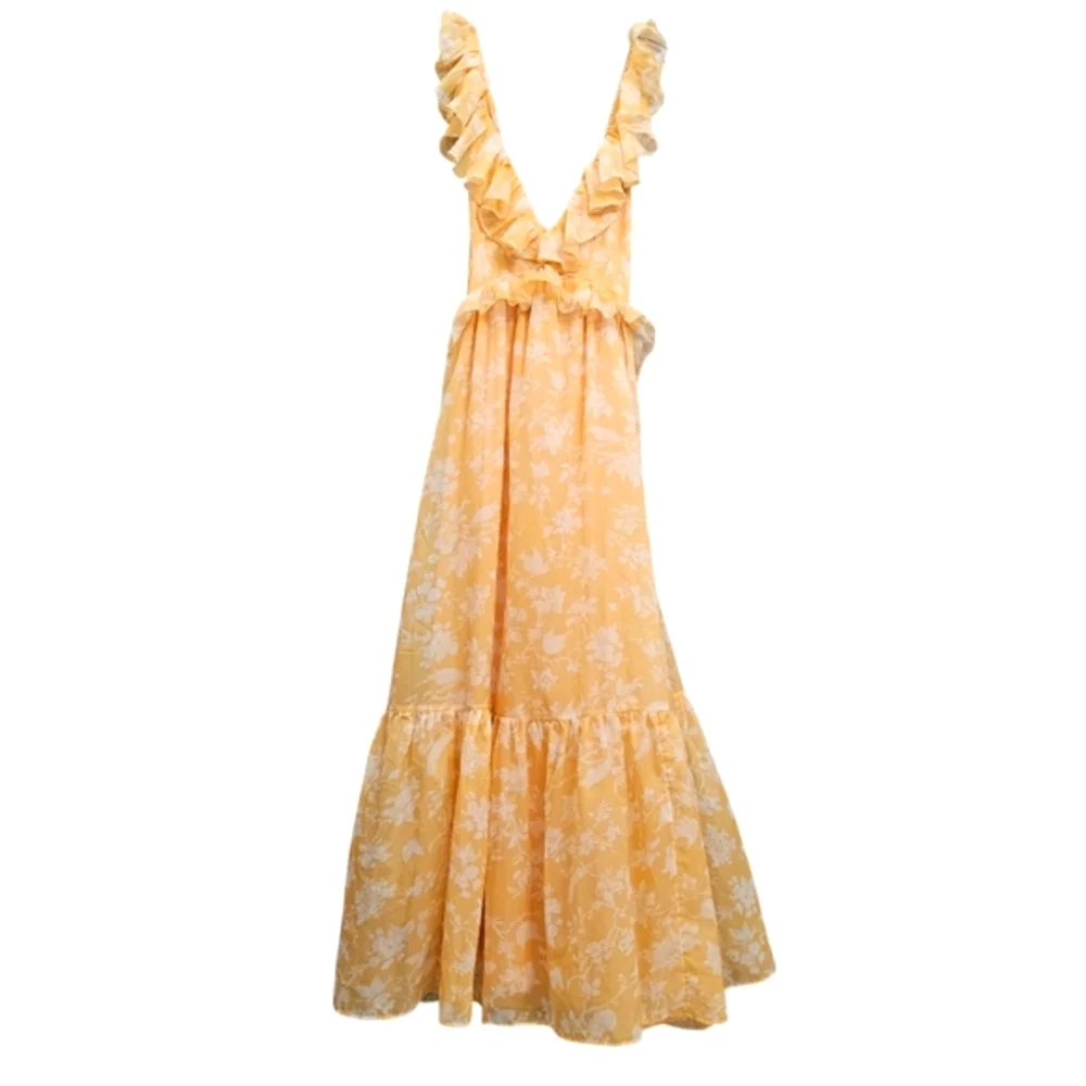Nwot Abercrombie & Fitch Orange/White Floral Ruffle Bodice Tie Back Maxidress